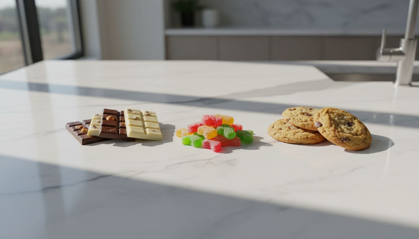 Ultra-realistic top-down photograph of colorful cannabis gummies, chocolate bars, and baked cookies neatly arranged on a white marble countertop in a modern kitchen, with natural window lighting, sharp textures, and professional HDR quality.