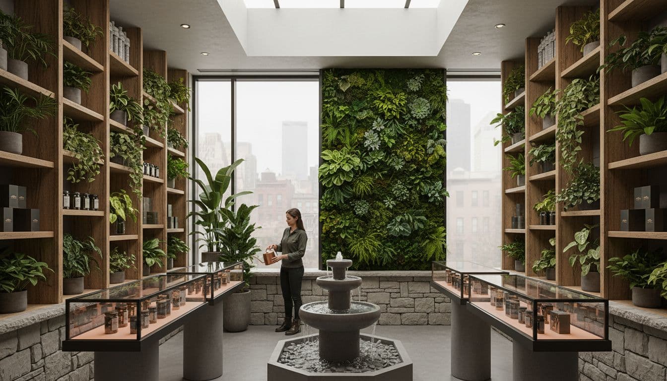 Lush potted plants on wooden shelves, vertical green wall, and a staff member watering plants create a calming biophilic atmosphere in a licensed NYC cannabis dispensary with urban views.