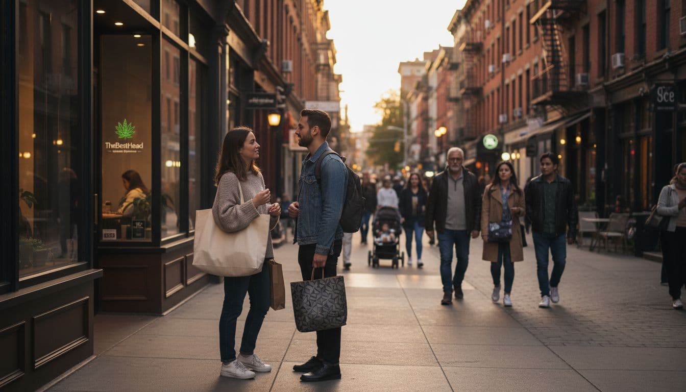 Two young adults chat with shopping bags outside sleek cannabis dispensary in Brooklyn neighborhood at dusk, brownstones and shops behind.