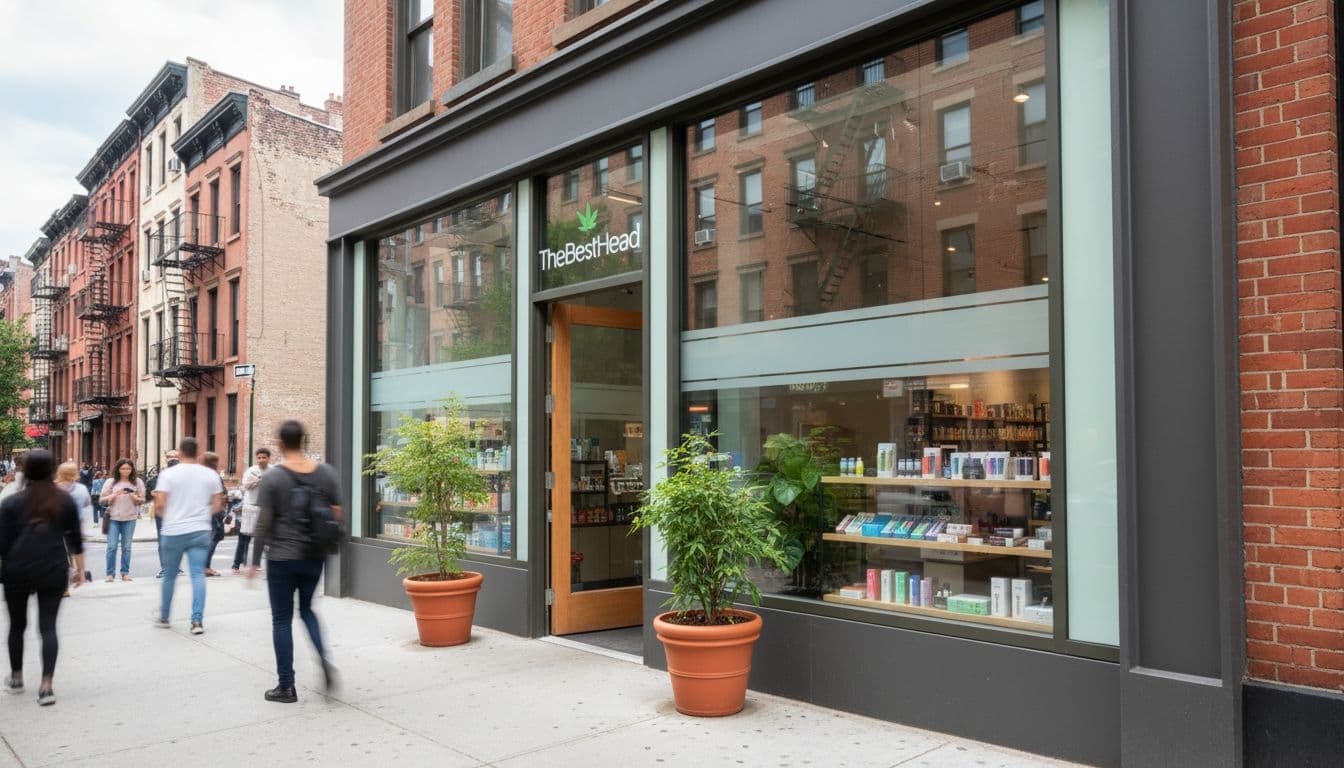 Daytime street-level view of a clean, modern licensed cannabis dispensary exterior on a bustling urban street in Brooklyn NYC, with glass storefront, green accents, wooden door, and blurred pedestrians.