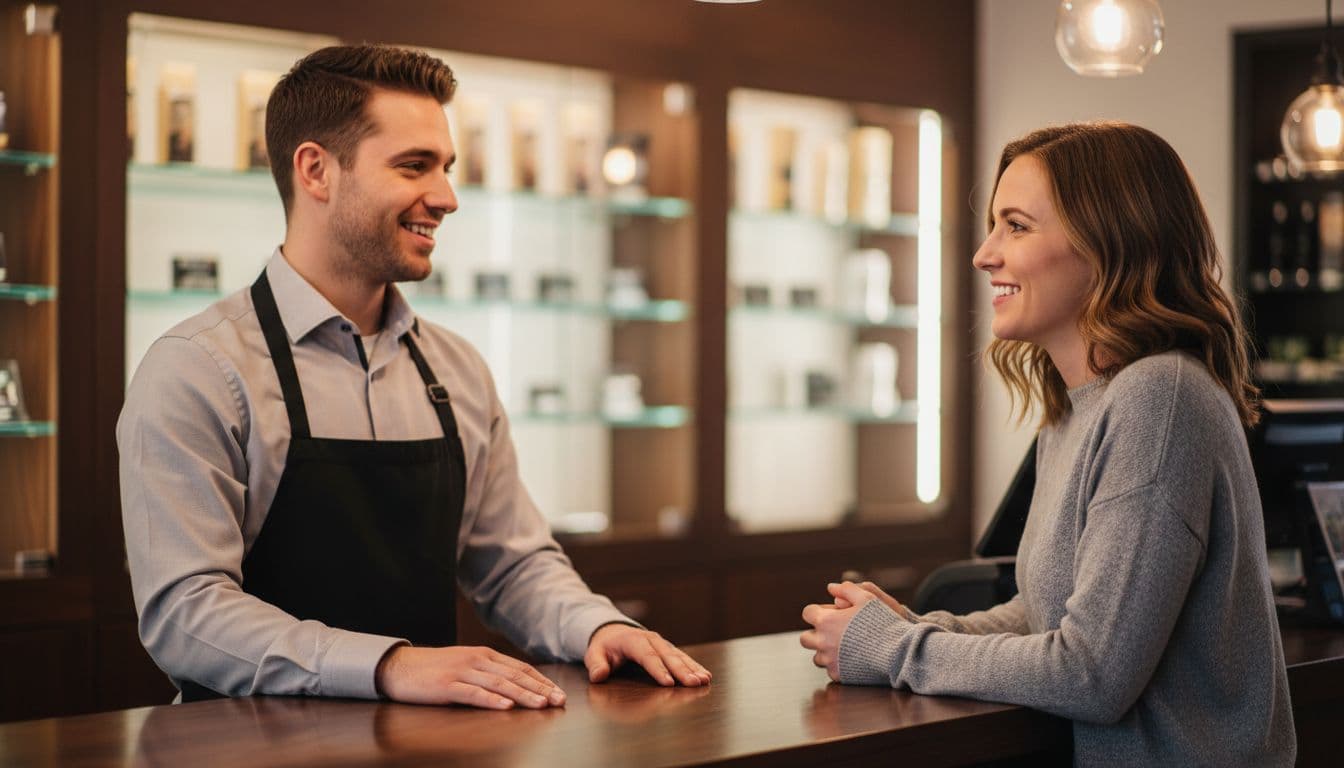 Budtender behind counter and customer leaning on it both smile naturally with relaxed hands, blurred shelves behind.