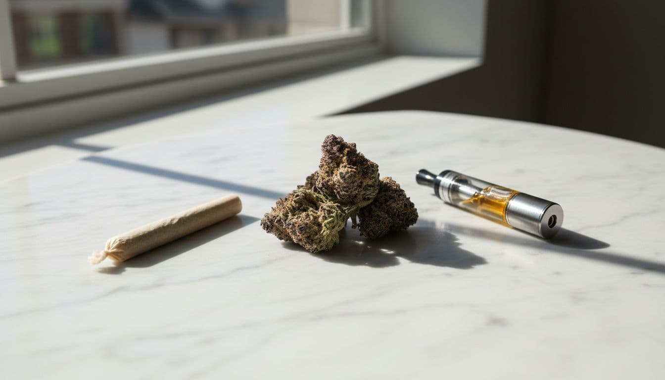 Ultra-realistic close-up product photography of cannabis flower buds, pre-rolls, and vape cartridges neatly arranged on a white marble surface in a well-lit studio.