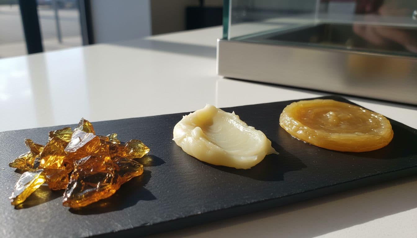 Close-up of clear shatter, soft wax, and golden rosin samples on a matte black tray in a dispensary counter setting with natural soft lighting and sharp focus on textures.