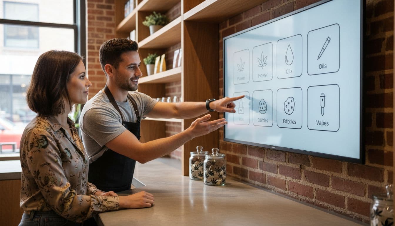 Customer at NYC cannabis counter examines large digital menu screen as budtender points calmly.