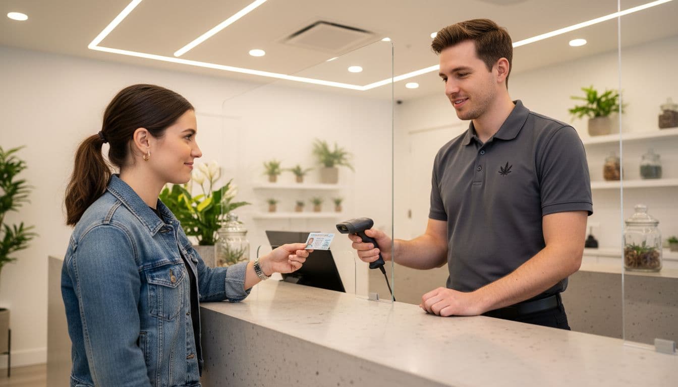 Ultra-realistic photograph of a staff member in uniform scanning a customer's ID at the entrance counter inside a New York cannabis store, capturing a relaxed natural interaction with soft indoor LED lighting and sharp focus on the counter area.