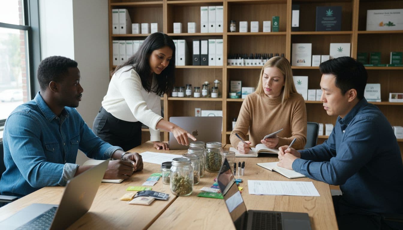 Four diverse adults around wooden table in dispensary backroom; one stands pointing to product display, others take notes with laptops.