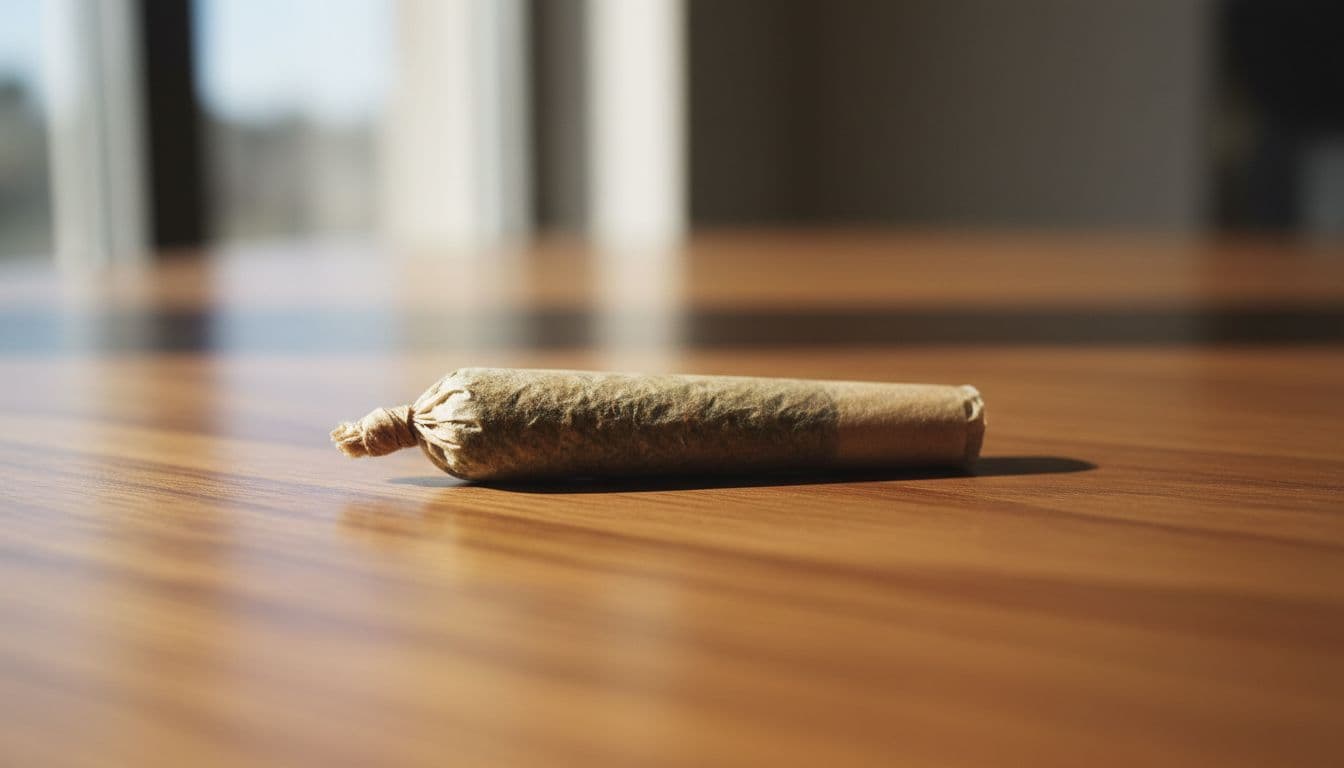 Ultra-realistic photography of a single cannabis flower pre-roll on a smooth wooden table with natural window lighting, sharp focus on twisted paper end and trichome-covered buds.