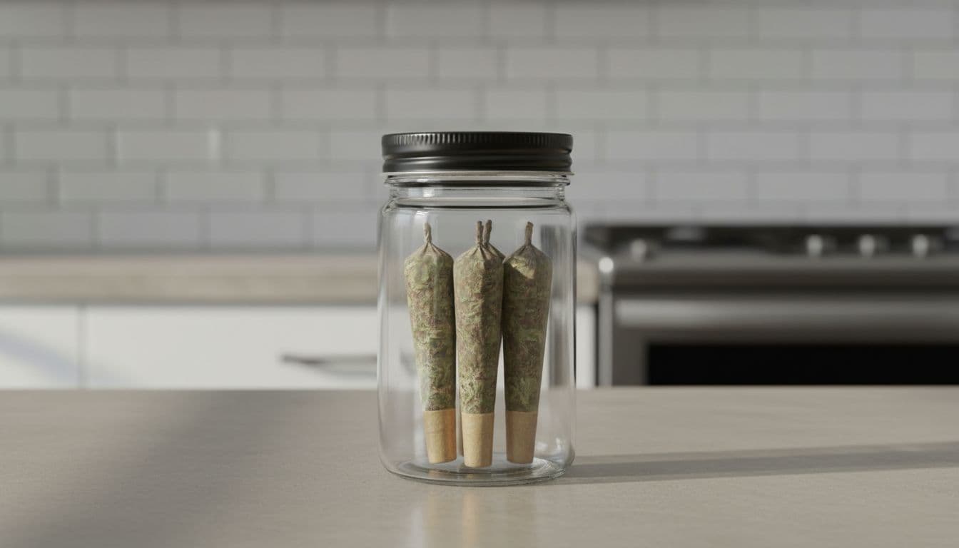 Ultra-realistic photograph showing 4-5 cannabis flower pre-rolls stored upright in a clear glass airtight jar with black lid on a modern kitchen counter, demonstrating proper storage for freshness maintenance with soft natural lighting and sharp focus on trichomes.