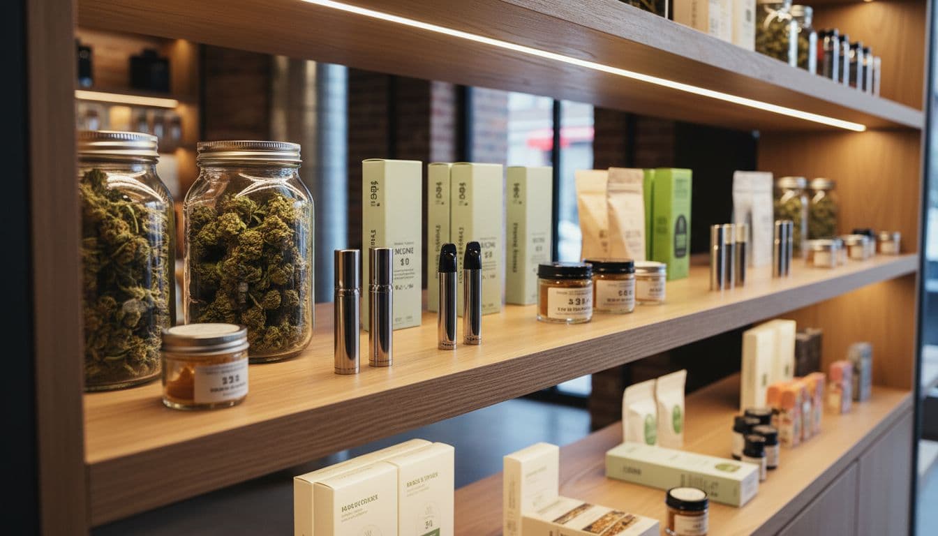 Wide-angle realistic photograph of various legal cannabis products including jars of flower buds, vape cartridges, edible packages, and concentrate containers arranged on wooden shelves in a modern NYC licensed dispensary, viewed from a customer perspective.