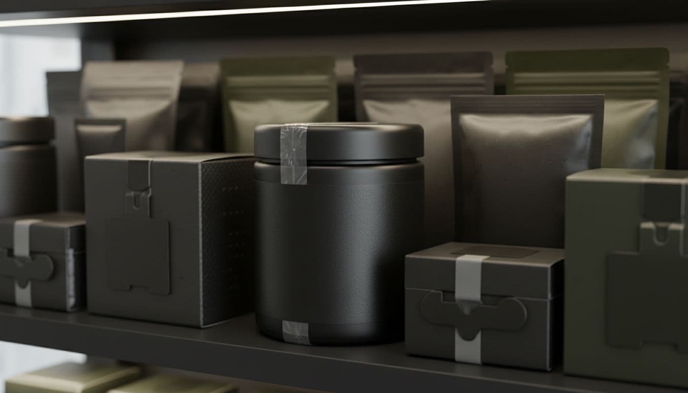 Close-up view of compliant child-resistant resealable matte black cannabis jars with tamper-evident seals and opaque labels on a licensed New York dispensary shelf, highlighting safety features with ultra-realistic textures and professional lighting.