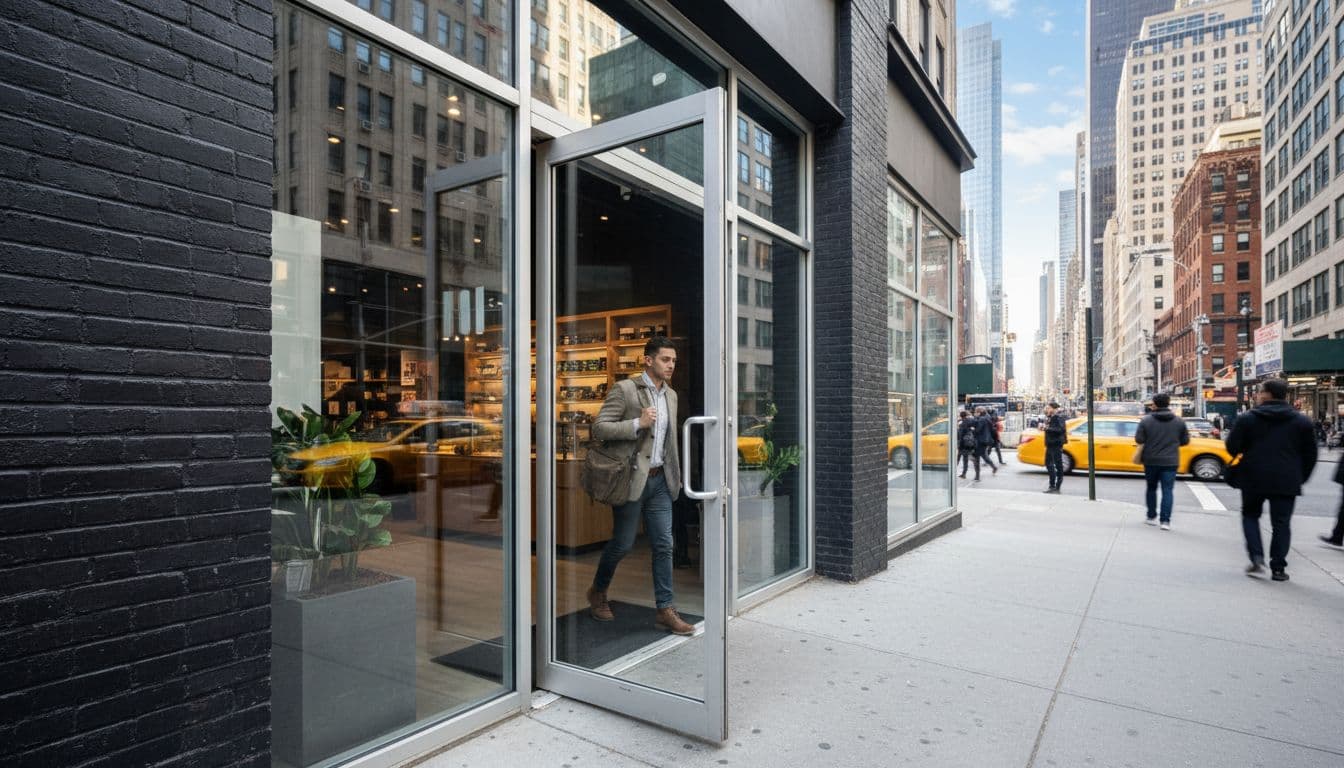 Ultra-realistic photography of a single customer entering a modern cannabis dispensary storefront on a busy Manhattan sidewalk during daytime, with urban skyscrapers in the background and natural daylight lighting.