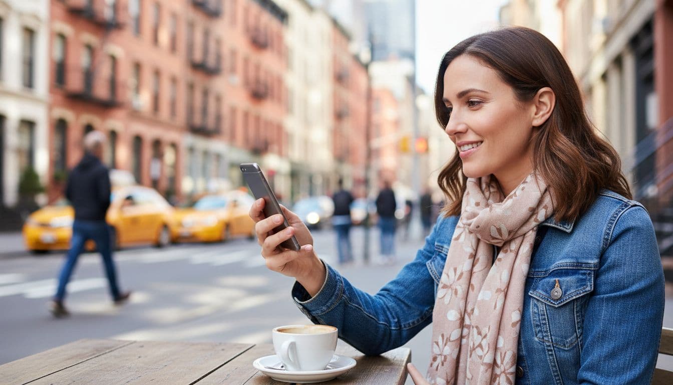 Ultra-realistic photo of a customer at an outdoor NYC cafe table using their smartphone to submit a dispensary review, relaxed pose with coffee nearby and blurred urban background.