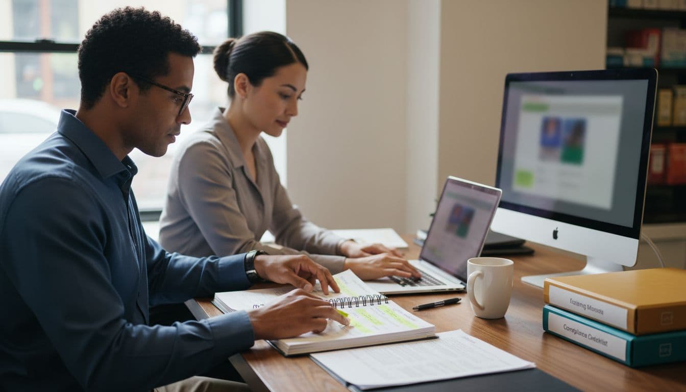 Two dispensary staff at desk: one reviews highlighted training manual, other types on laptop as monitor shows compliance checklist.