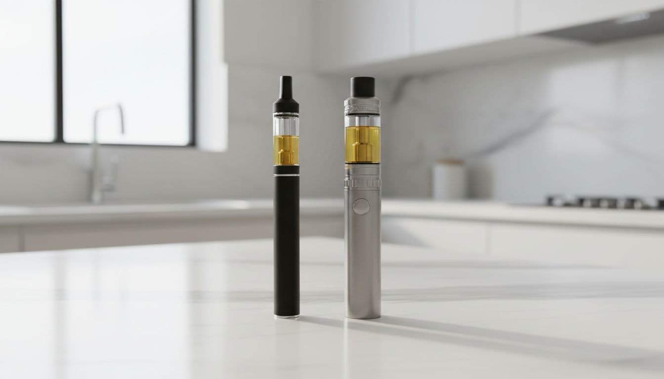 Realistic high-quality photo of a sleek disposable cannabis vape pen and reusable cartridge-style vape on a white marble countertop in a bright modern kitchen, illuminated by natural daylight with sharp focus on details.