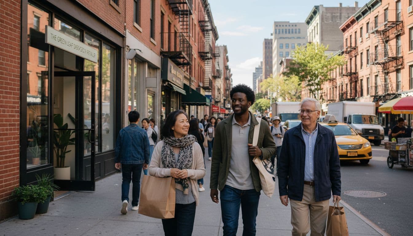 Three diverse adults walk relaxed on a busy New York City street with a modern dispensary storefront in the background.