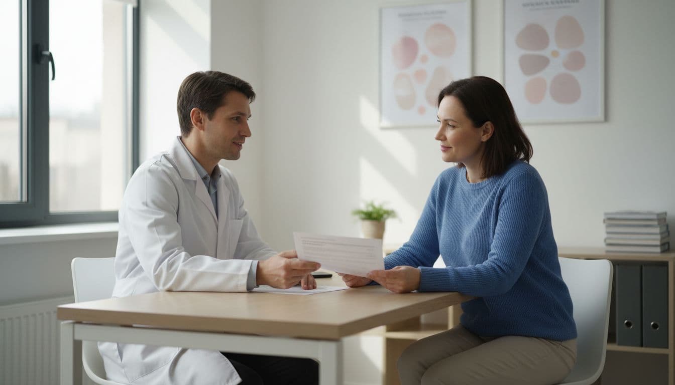 A healthcare professional in white coat consults with a seated patient across a modern wooden desk in a clean New York clinic office, as the patient holds a certification form relaxedly, illuminated by natural daylight.