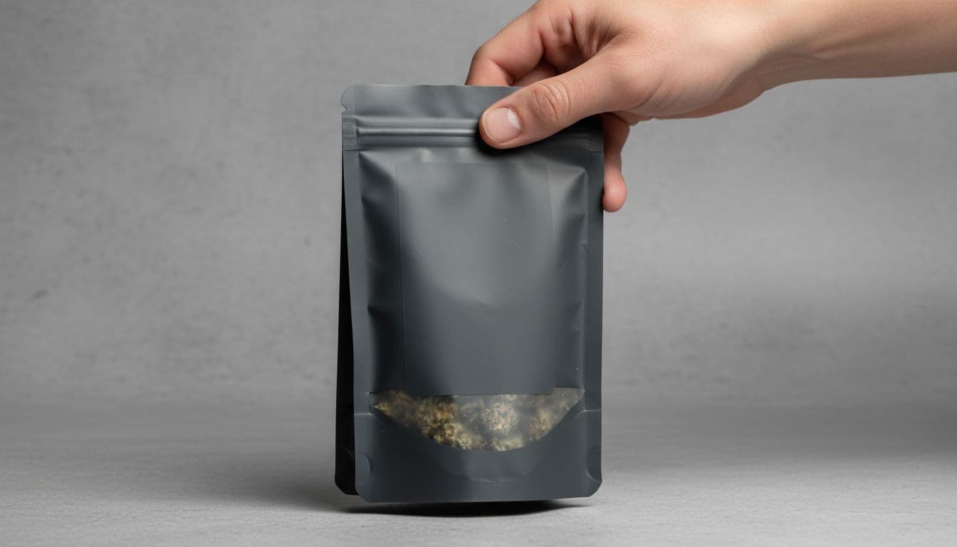 Realistic close-up of one hand naturally holding a flexible matte pouch of cannabis flower on a neutral gray surface, label area facing viewer for checking warnings, professional studio photography.