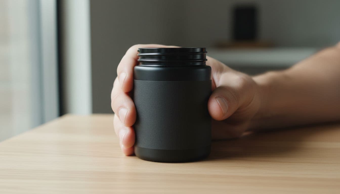 Close-up realistic photograph of an adult hand naturally holding a matte black jar of cannabis edibles on a light wooden table, with the label facing the camera for examining potency details.