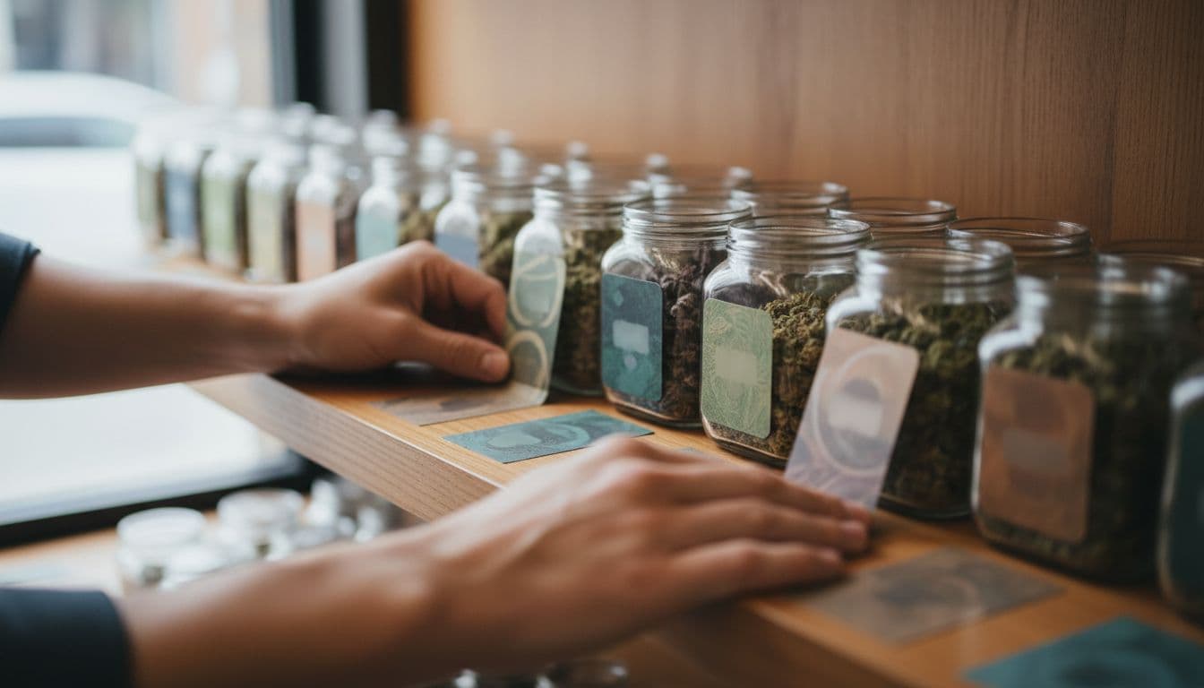Two hands place blurred labels on jars organized by strain on wooden dispensary shelf.