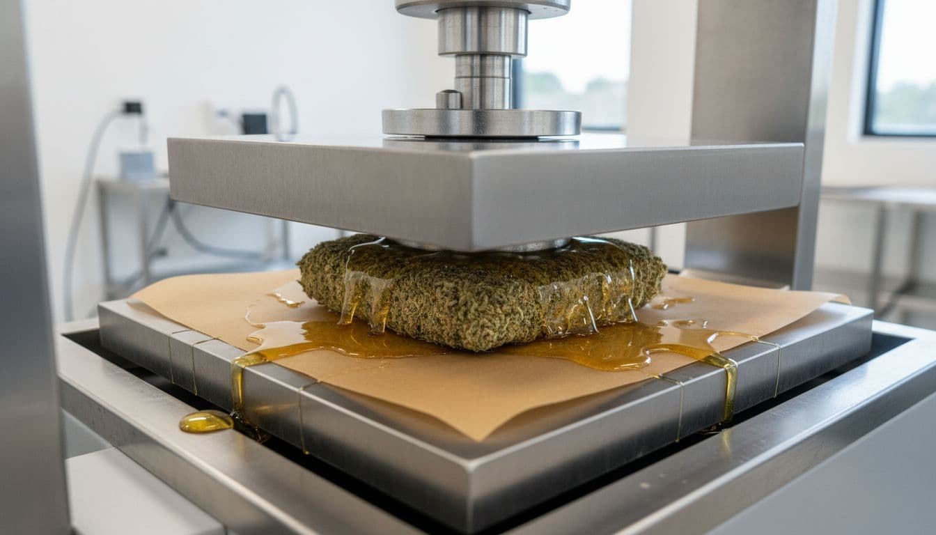 Close-up view of a hydraulic rosin press machine pressing frozen cannabis flower between parchment paper sheets, with golden rosin collecting in a clean production facility under natural lighting.
