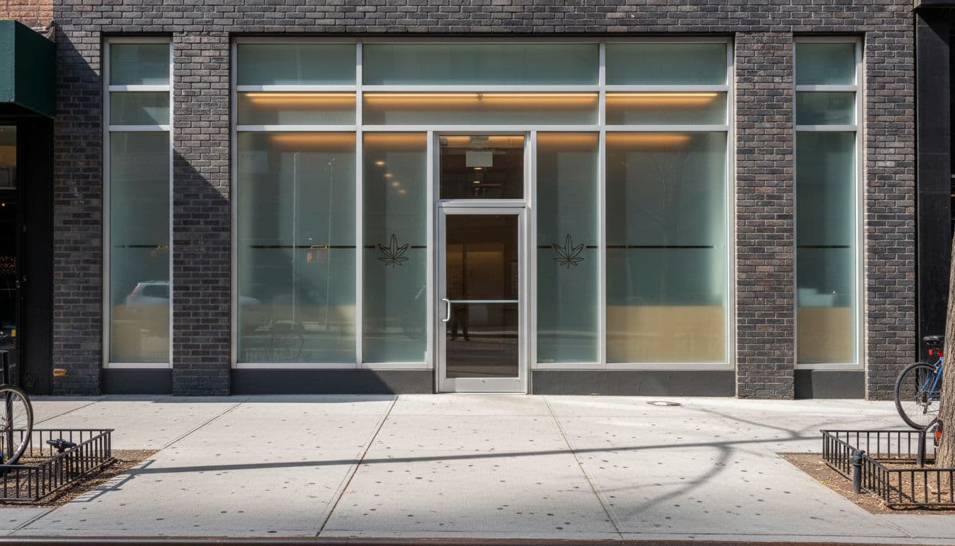 Clean modern cannabis dispensary storefront on Manhattan sidewalk in daylight.
