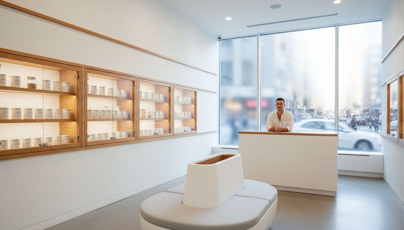 Clean white walls with subtle wood accents, locked glass display cases with organized products, soft natural lighting, and a welcoming reception area with one customer at the counter in a licensed NYC cannabis store. Busy urban street visible through frosted window, ultra-realistic professional photography.