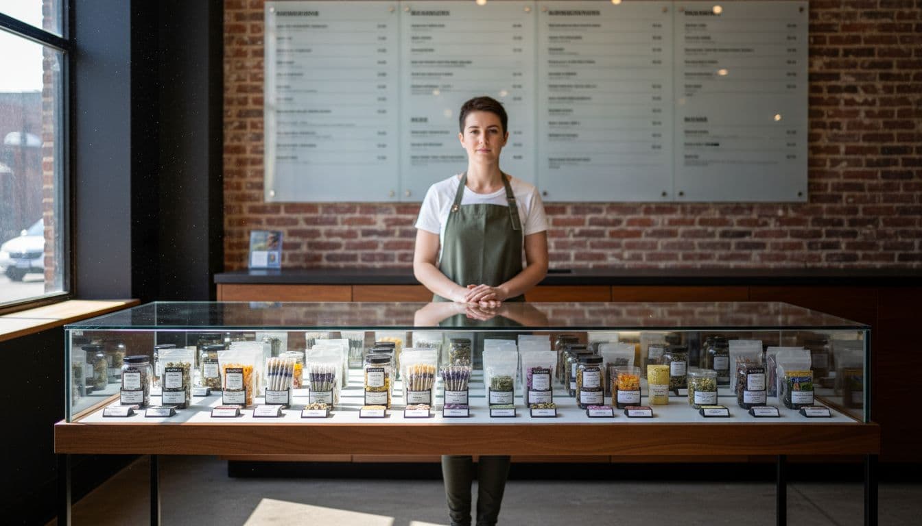 Modern dispensary interior with glass display case of organized products, simple menu board, and one budtender behind counter.