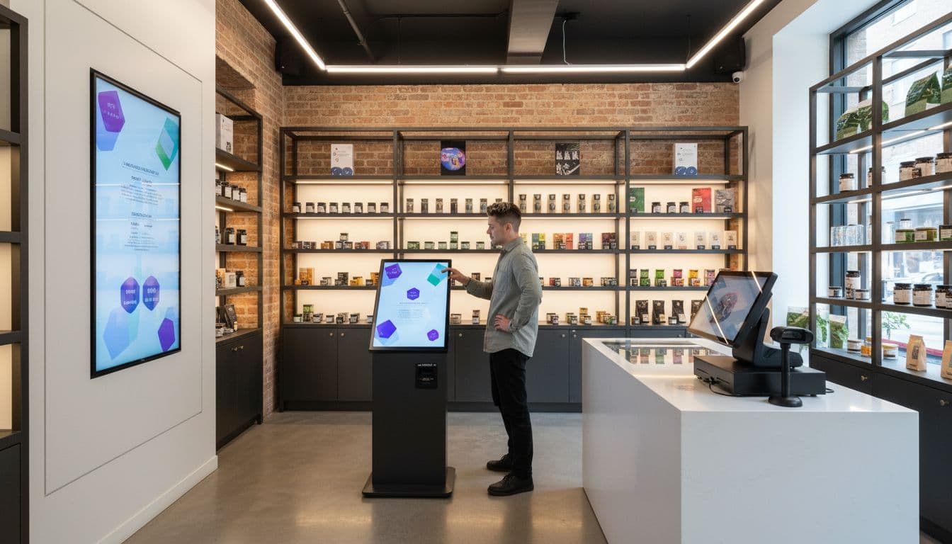 Tech-integrated features in a modern NYC licensed cannabis store, featuring sleek digital touchscreen menu, interactive kiosk with one customer interacting naturally, modern POS terminal, and locked glass cases under ambient LED lighting.