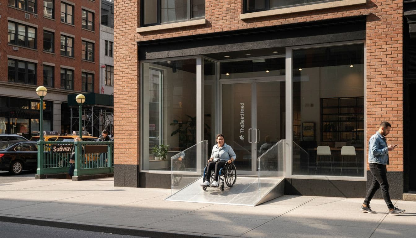 Realistic photograph of a modern licensed cannabis dispensary storefront in Manhattan on a busy urban street, featuring a clear accessibility ramp, glass doors, one pedestrian and one wheelchair user approaching, with subway nearby in natural afternoon light.