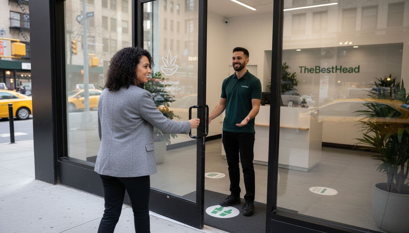 A diverse adult customer enters the glass door of a modern licensed cannabis dispensary in New York City from a busy urban sidewalk during daytime, greeted politely by a budtender standing inside with a smile and open posture.