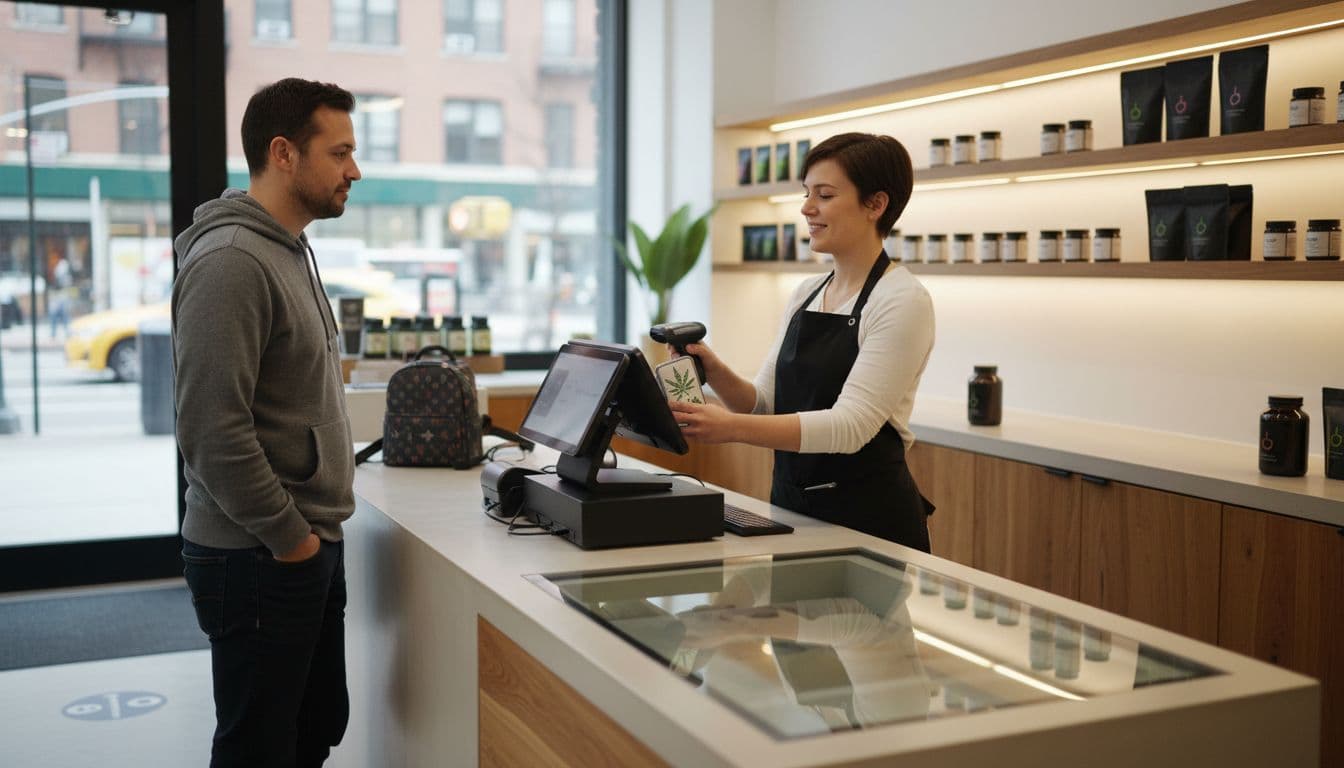 Realistic photo of a clean dispensary checkout counter in a licensed NYC cannabis store, with one budtender scanning products for one relaxed customer using a POS terminal, highlighting smooth and efficient transaction flow.