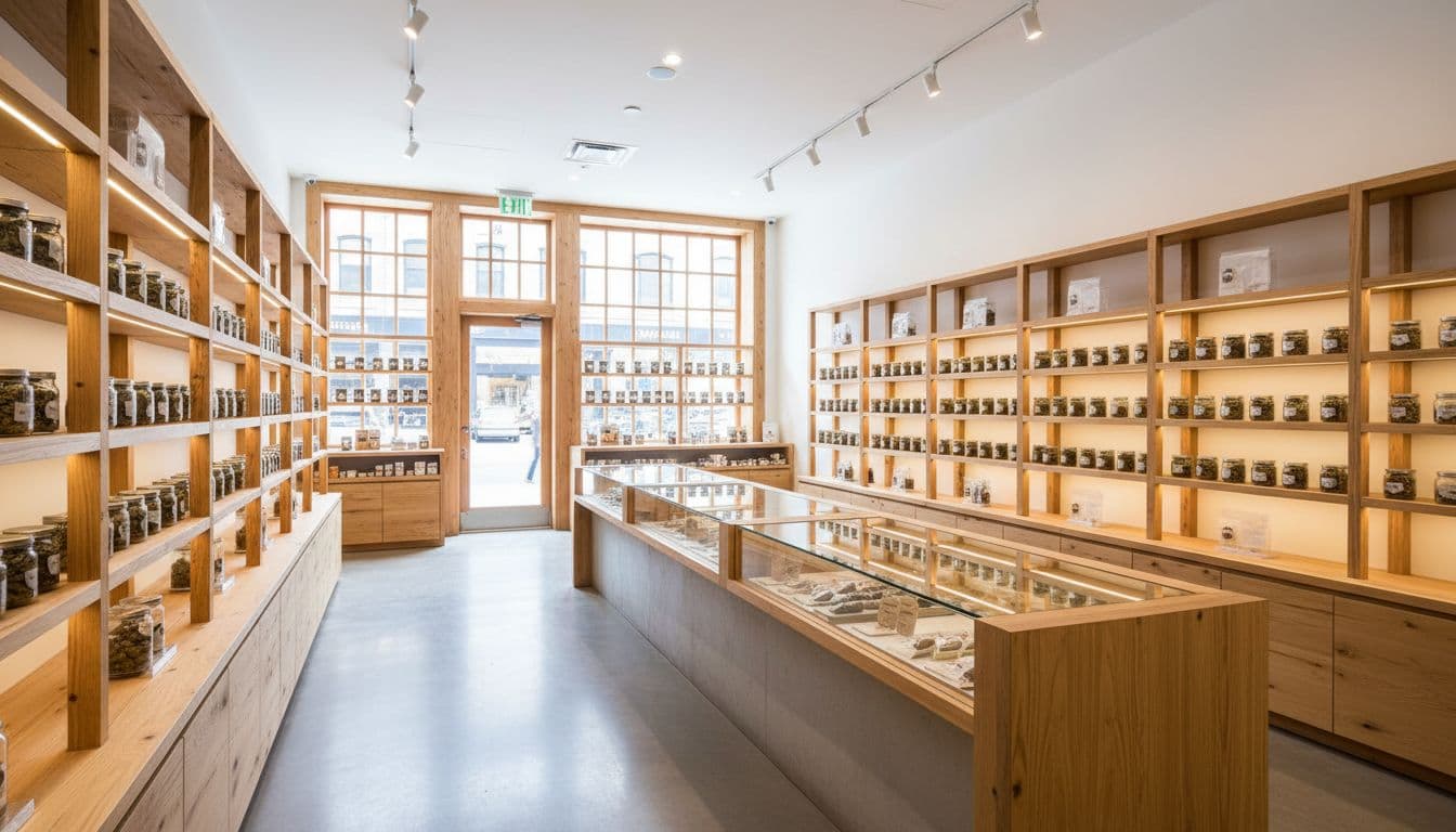 Spacious clean interior of NYC cannabis dispensary with wooden shelves stocked from distance and polished counter.