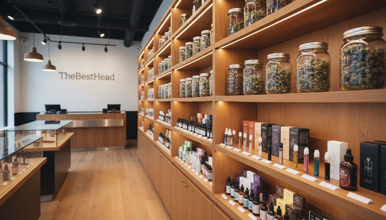 Realistic interior photo of a licensed NYC cannabis dispensary featuring well-organized wooden shelves stocked with glass jars of flower, edibles, vape cartridges, tinctures, and pre-rolls under soft ambient lighting, no people present.