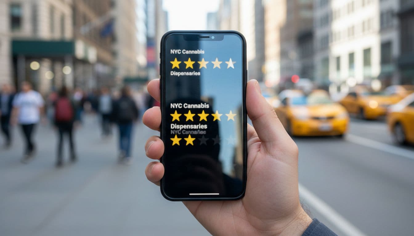 Close-up of a hand holding a smartphone displaying blurred yellow star ratings for NYC cannabis dispensaries on a busy Manhattan sidewalk with blurred pedestrians and yellow taxis.