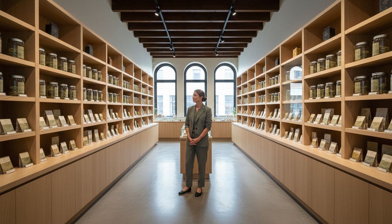 Ultra-realistic professional photograph of a spacious licensed cannabis dispensary in NYC, featuring wide clean aisles between well-organized wooden shelves displaying cannabis products in jars and packages, with exactly one customer browsing calmly.