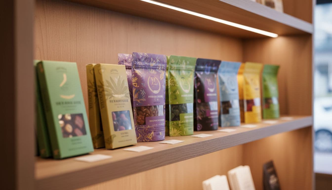 Ultra-realistic side-view photograph of a well-stocked shelf in a licensed New York City cannabis dispensary displaying sealed packages of edibles like gummies and chocolates, captured with soft ambient lighting and sharp focus on textures.