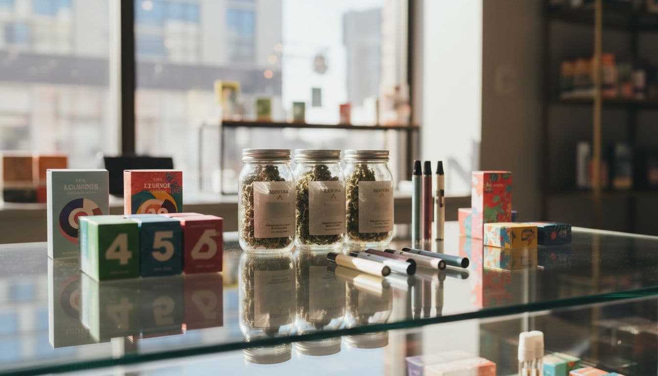 Ultra-realistic close-up of cannabis jars with buds, vape pens, and edible boxes on a glass display case in a licensed NYC dispensary, highlighting product labels and potency info without readable text, shallow depth of field.