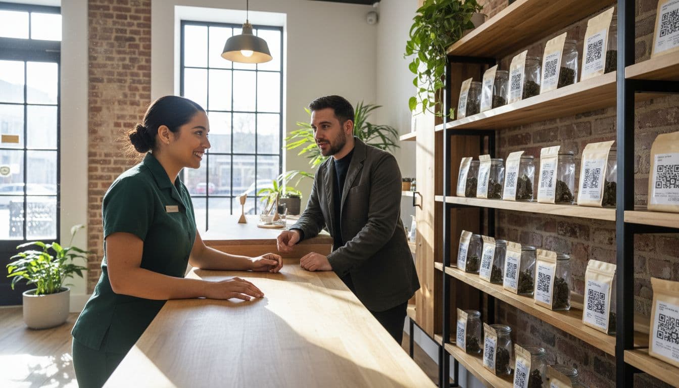 Staff member behind clean counter points to product labels on shelves for one customer in modern cannabis dispensary.