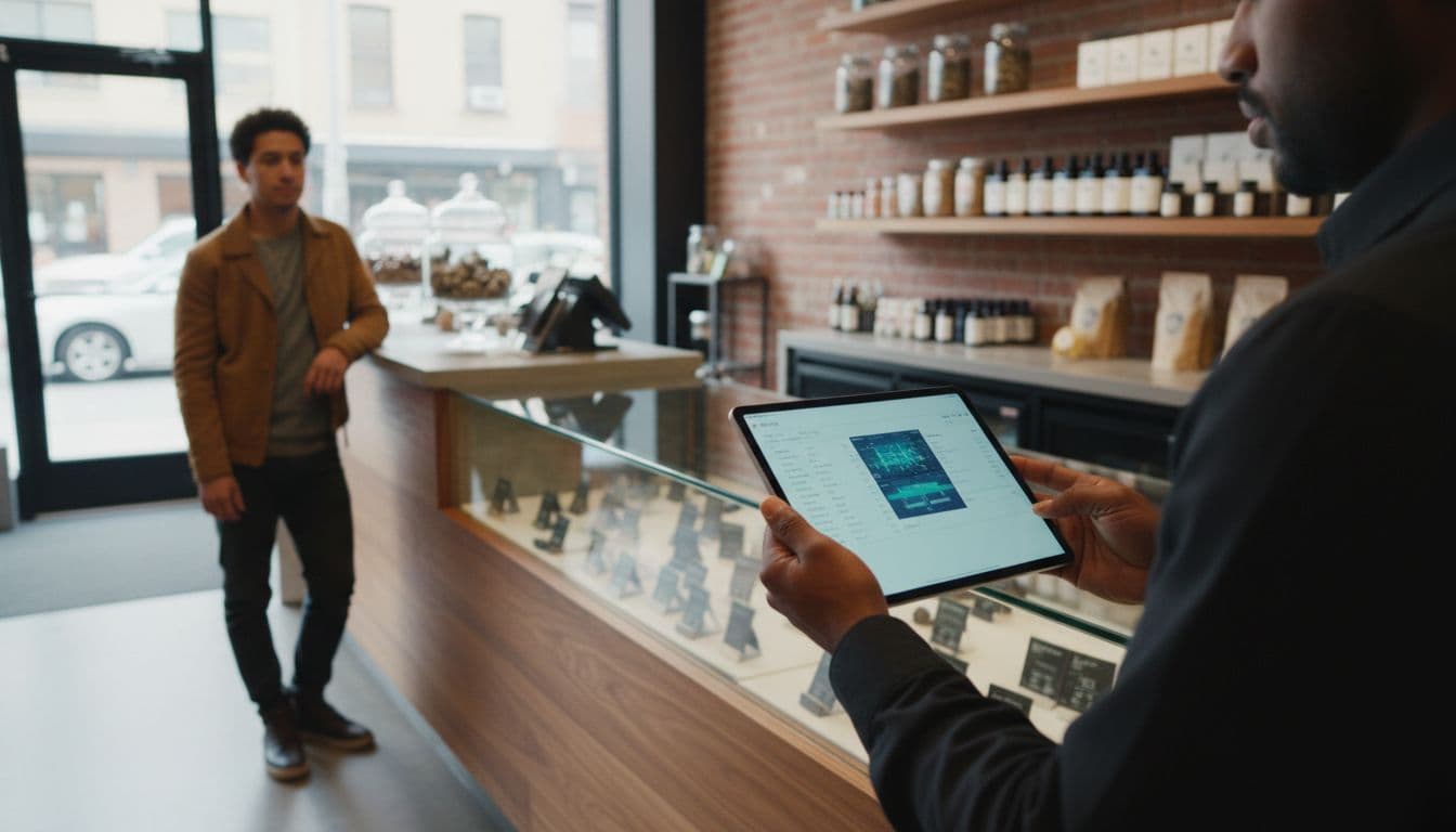 Staff member holds tablet checking inventory at modern NYC cannabis dispensary counter with customer waiting nearby.