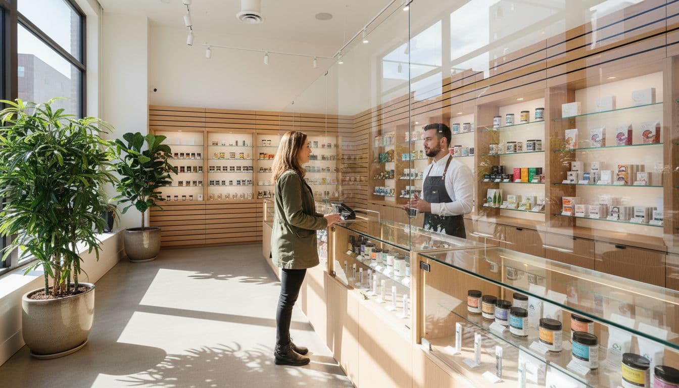 Modern licensed cannabis dispensary counter in New York City with a customer speaking to a budtender behind secure glass display cases, emphasizing safety and professional atmosphere.