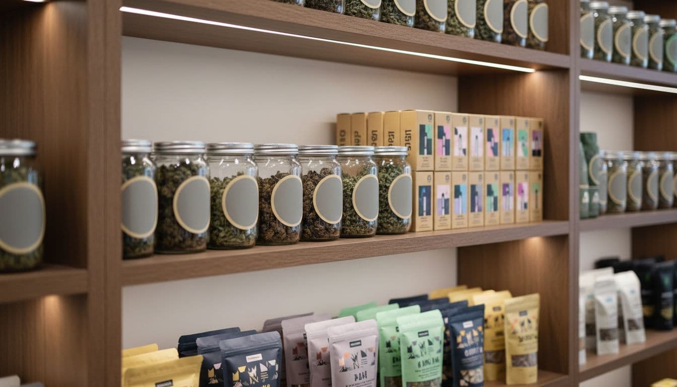 Ultra-realistic photography of well-organized display shelves in a New York cannabis dispensary showroom, featuring glass jars of flower, vape cartridges in boxes, and edible packages neatly arranged on wooden shelves with labels facing forward.