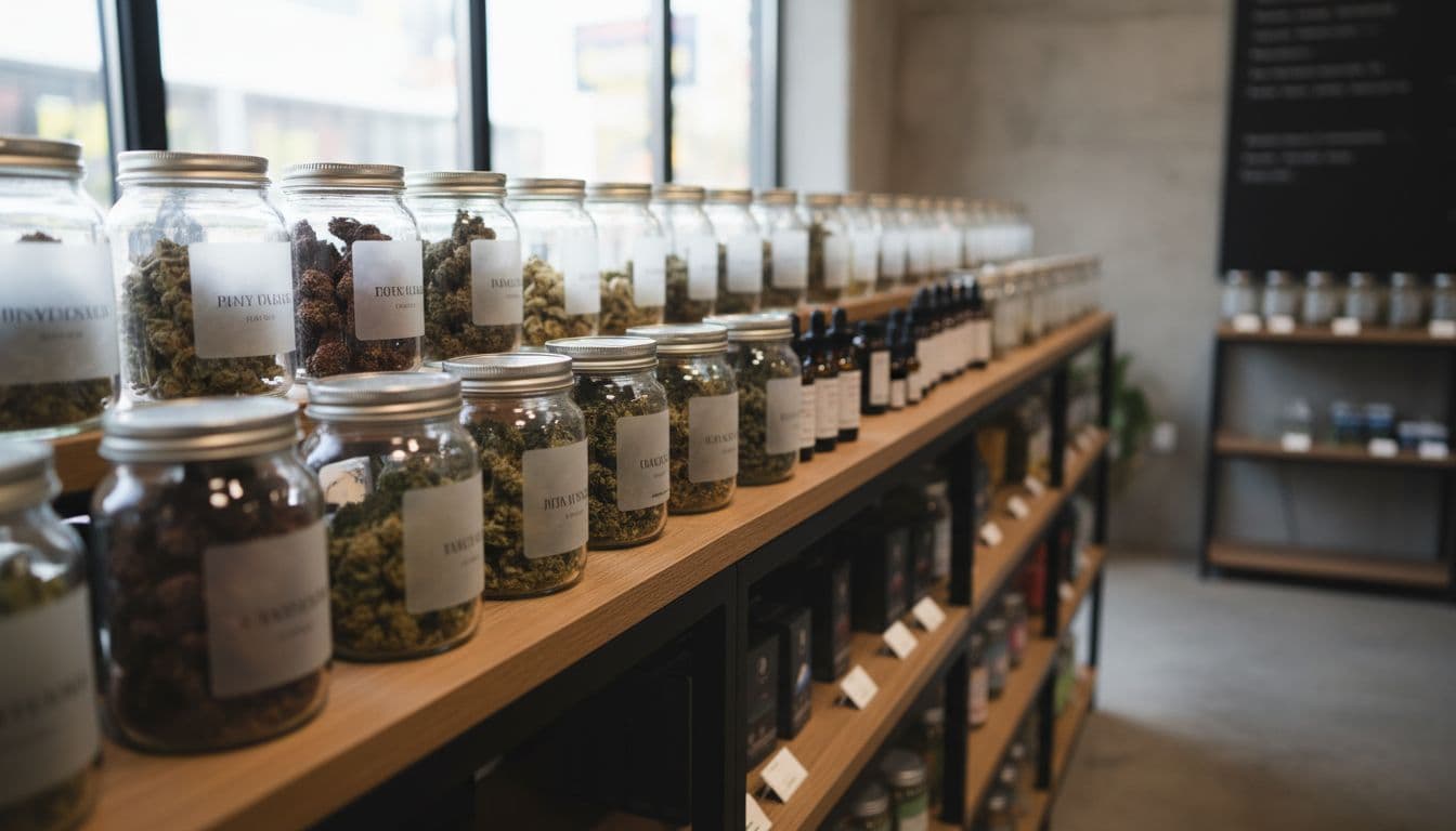 Neatly arranged cannabis flower jars and products on shelves in a modern New York City dispensary.
