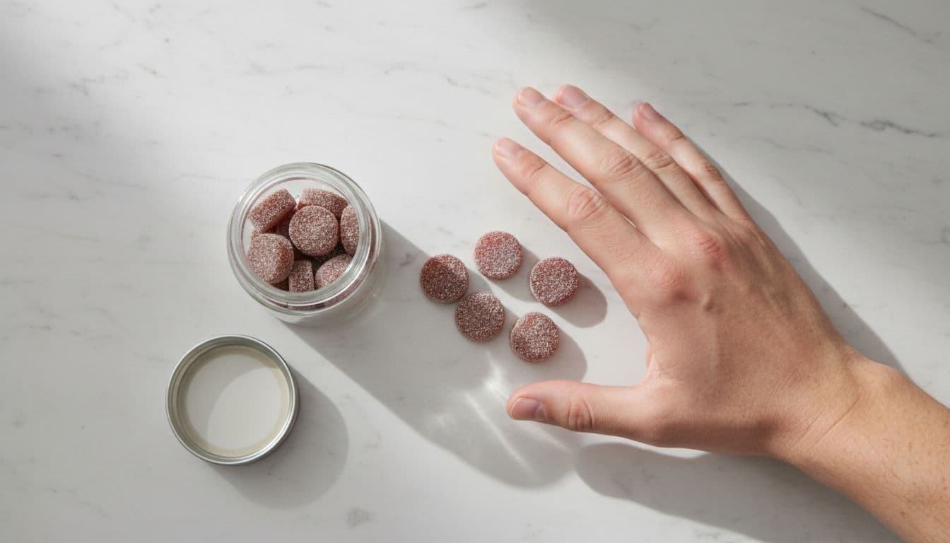 Realistic overhead photograph of five cannabis gummies arranged as a single serving next to an open glass jar on a white marble countertop, with a relaxed hand gesturing above.
