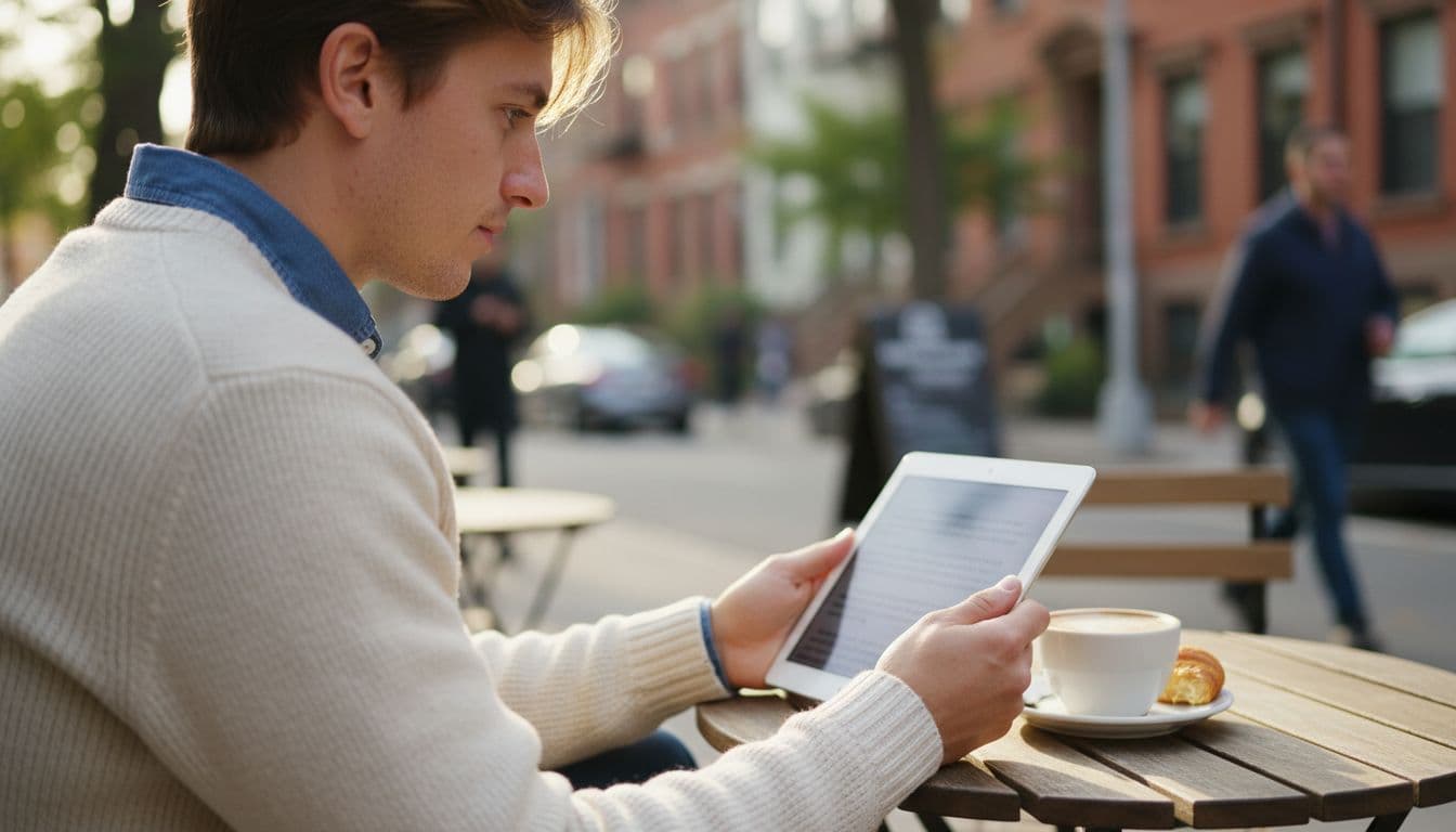 A young adult seated outdoors at a small NYC cafe table, reading written cannabis reviews on a tablet held relaxed with both hands, coffee cup and pastry nearby, blurred Brooklyn street background.