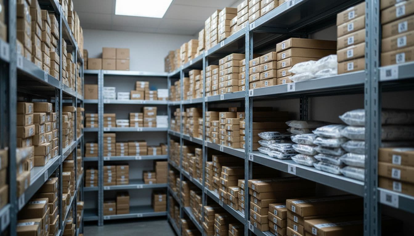 Rows of metal shelves in a licensed New York cannabis dispensary backroom are filled with neatly arranged sealed boxes and packages of cannabis products, featuring subtle QR code labels for traceability under soft fluorescent lighting.