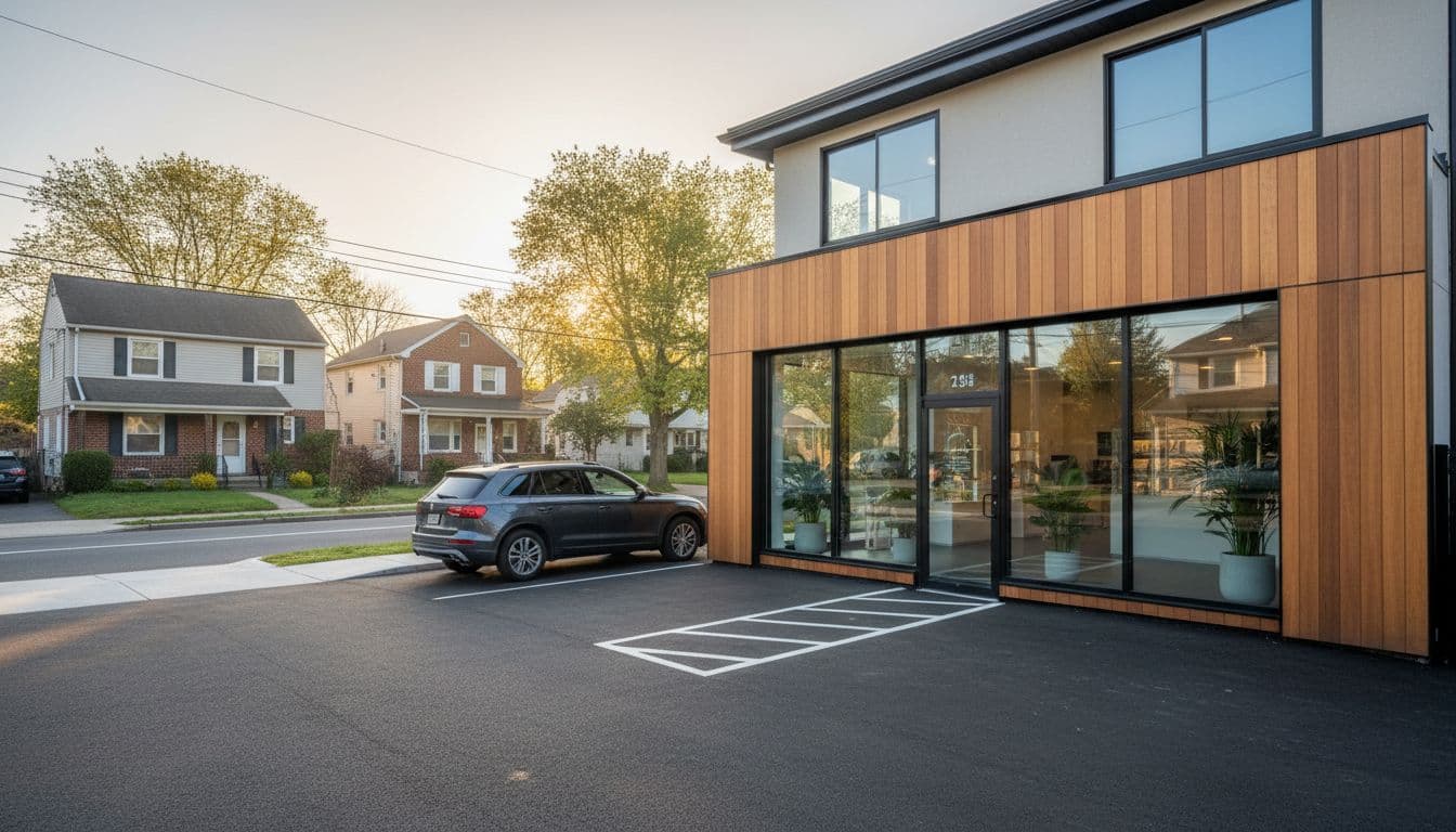 Ultra-realistic photographic image of a clean cannabis dispensary storefront on a suburban street in Staten Island, featuring parking, residential houses in the background, and soft morning light with sharp focus on the modern facade.