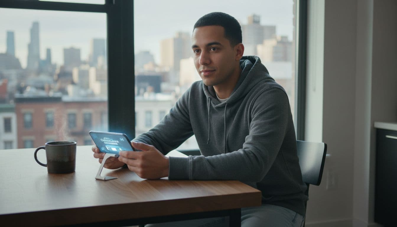 A relaxed person sits at a kitchen table in a NYC apartment, checking an official cannabis license database on their propped-up smartphone with a coffee mug nearby and city view through the window.