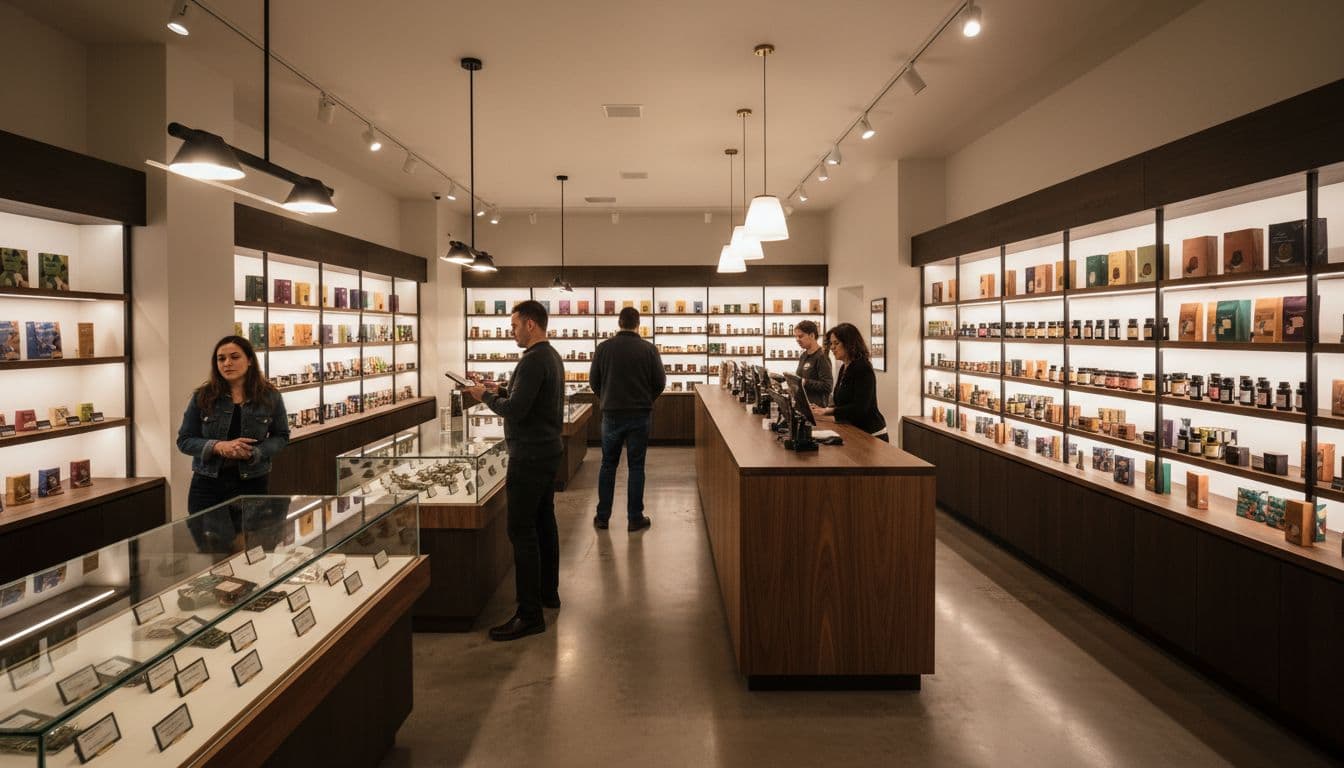 Three adults browse flower displays and edibles in organized Brooklyn dispensary, moving toward consultation counter.