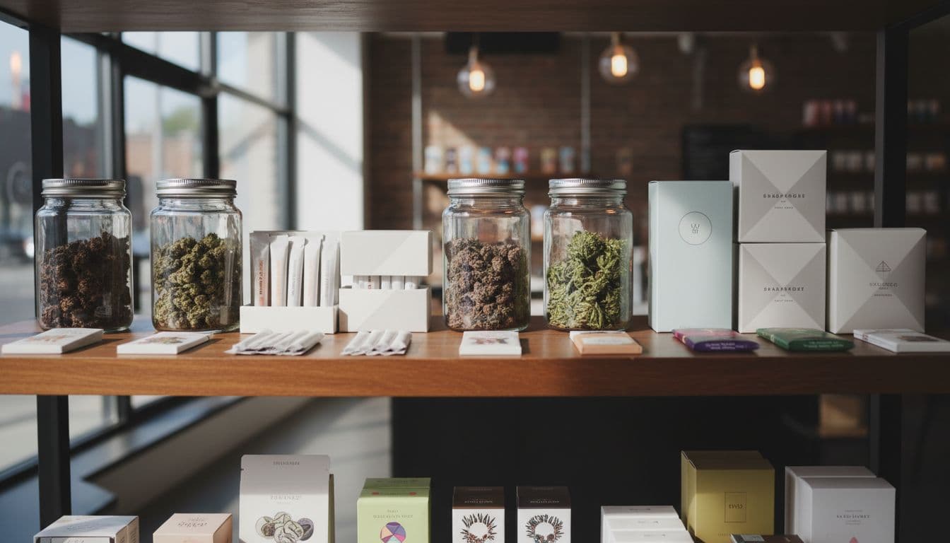 Close-up of jars of cannabis flower, pre-rolls, marijuana edibles, and a variety of strains arranged on a well-lit dispensary shelf.