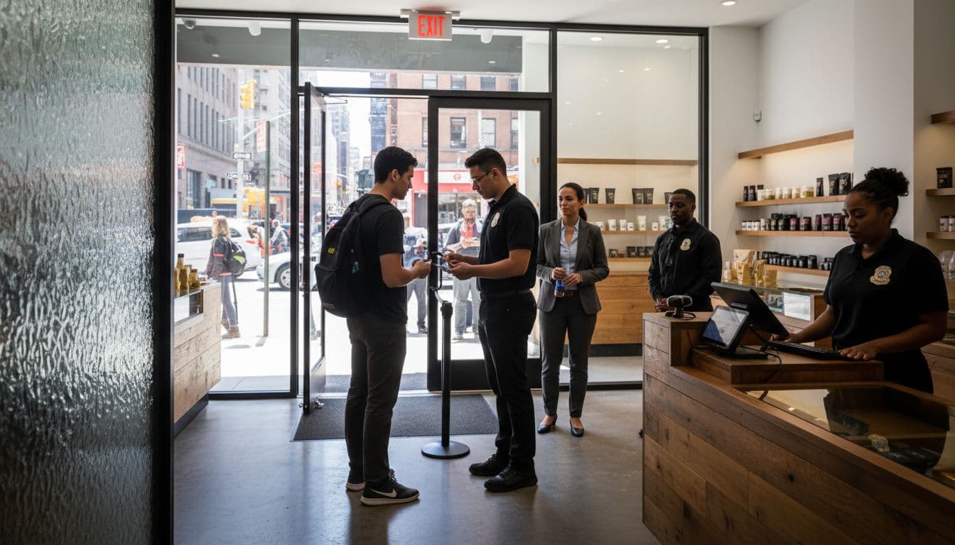 Customers at ID check and in line at Manhattan cannabis dispensary entrance during peak hours.